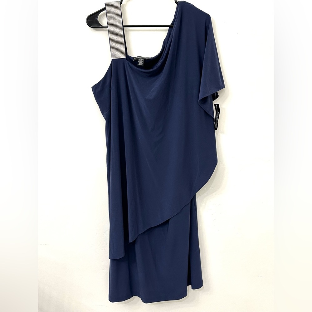 R&M Richards Plus Size Rhinestone-Trim One-Shoulder Dress  Size 14W Navy Blue - Picture 3 of 13